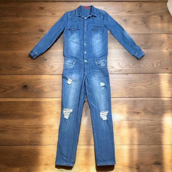 Signature8 Distressed Blue Jean Denim Coveralls Jumper Size S/M - Picture 1 of 16